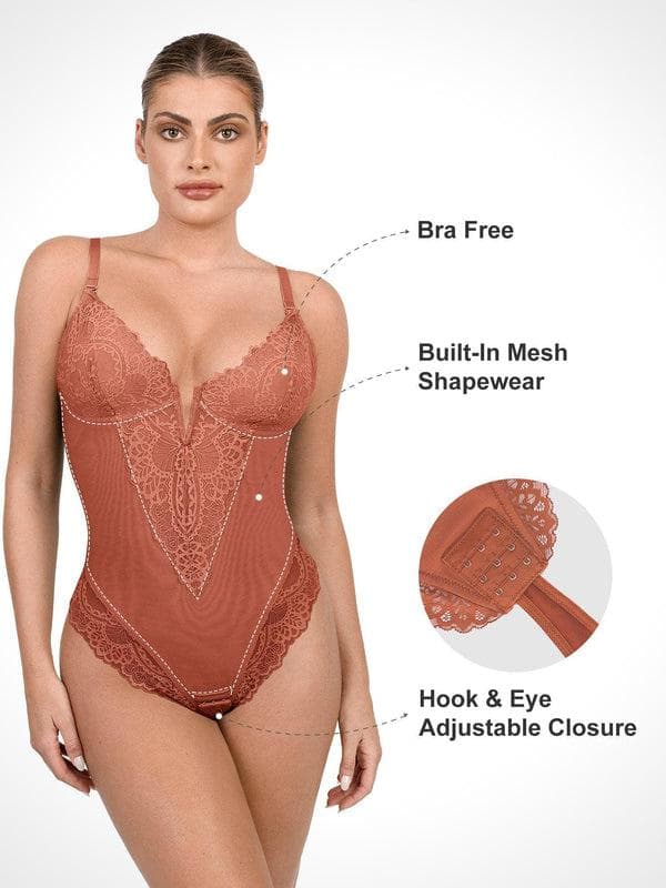 Schlankmachende Spitzen-Body mit tiefem V-Ausschnitt und formender Tanga