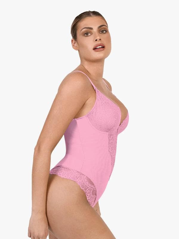 Schlankmachende Spitzen-Body mit tiefem V-Ausschnitt und formender Tanga