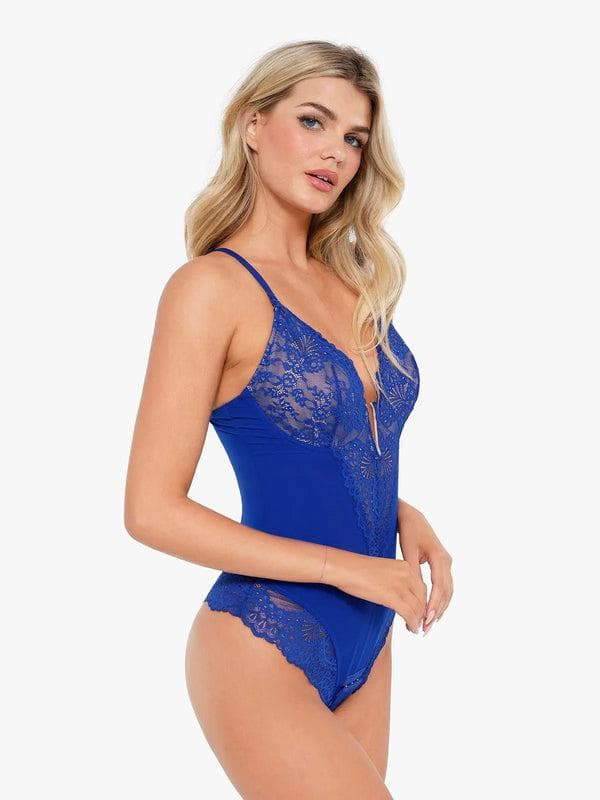 Schlankmachende Spitzen-Body mit tiefem V-Ausschnitt und formender Tanga