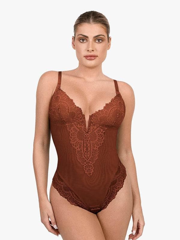 Schlankmachende Spitzen-Body mit tiefem V-Ausschnitt und formender Tanga