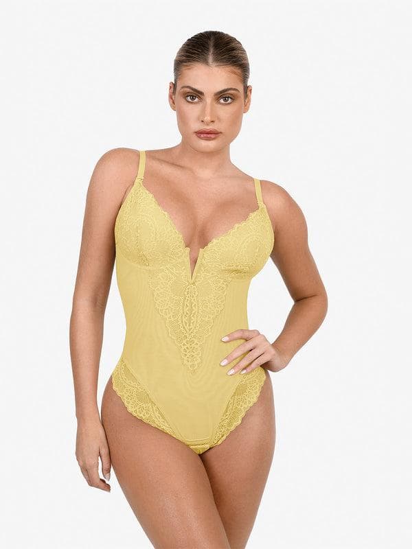 Schlankmachende Spitzen-Body mit tiefem V-Ausschnitt und formender Tanga