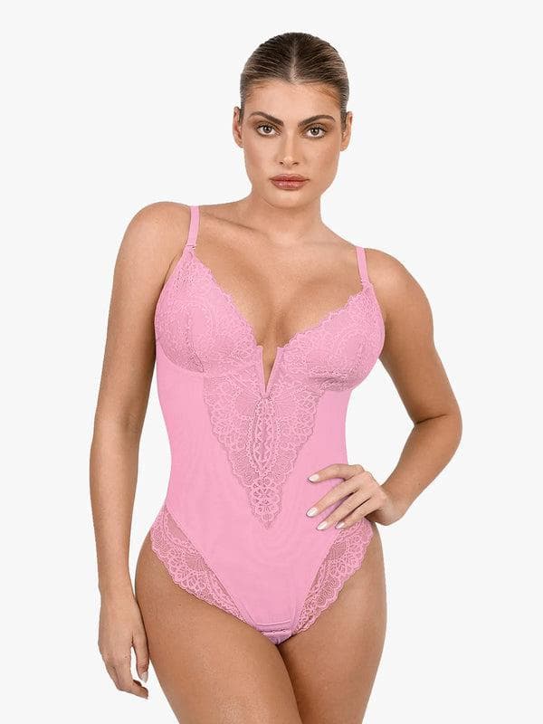 Schlankmachende Spitzen-Body mit tiefem V-Ausschnitt und formender Tanga