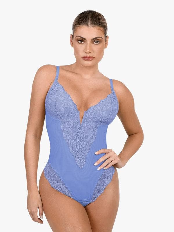 Schlankmachende Spitzen-Body mit tiefem V-Ausschnitt und formender Tanga