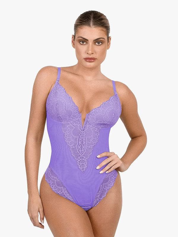 Schlankmachende Spitzen-Body mit tiefem V-Ausschnitt und formender Tanga