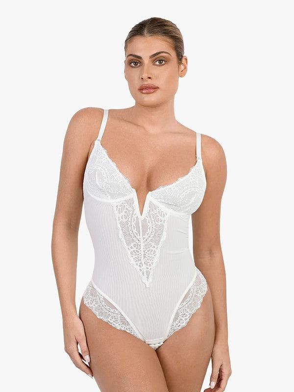 Schlankmachende Spitzen-Body mit tiefem V-Ausschnitt und formender Tanga