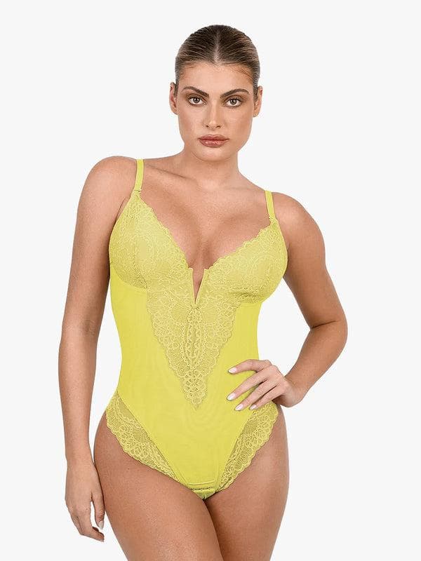 Schlankmachende Spitzen-Body mit tiefem V-Ausschnitt und formender Tanga