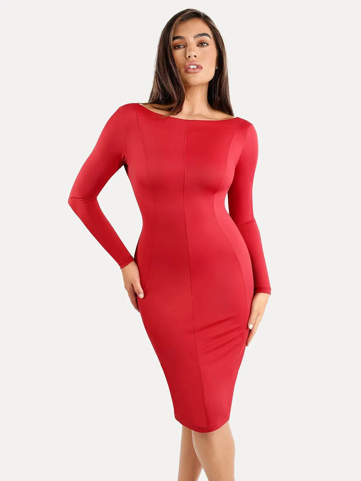 Shapewear Longärmliges Boat Neck Sculpting Midi-Kleid