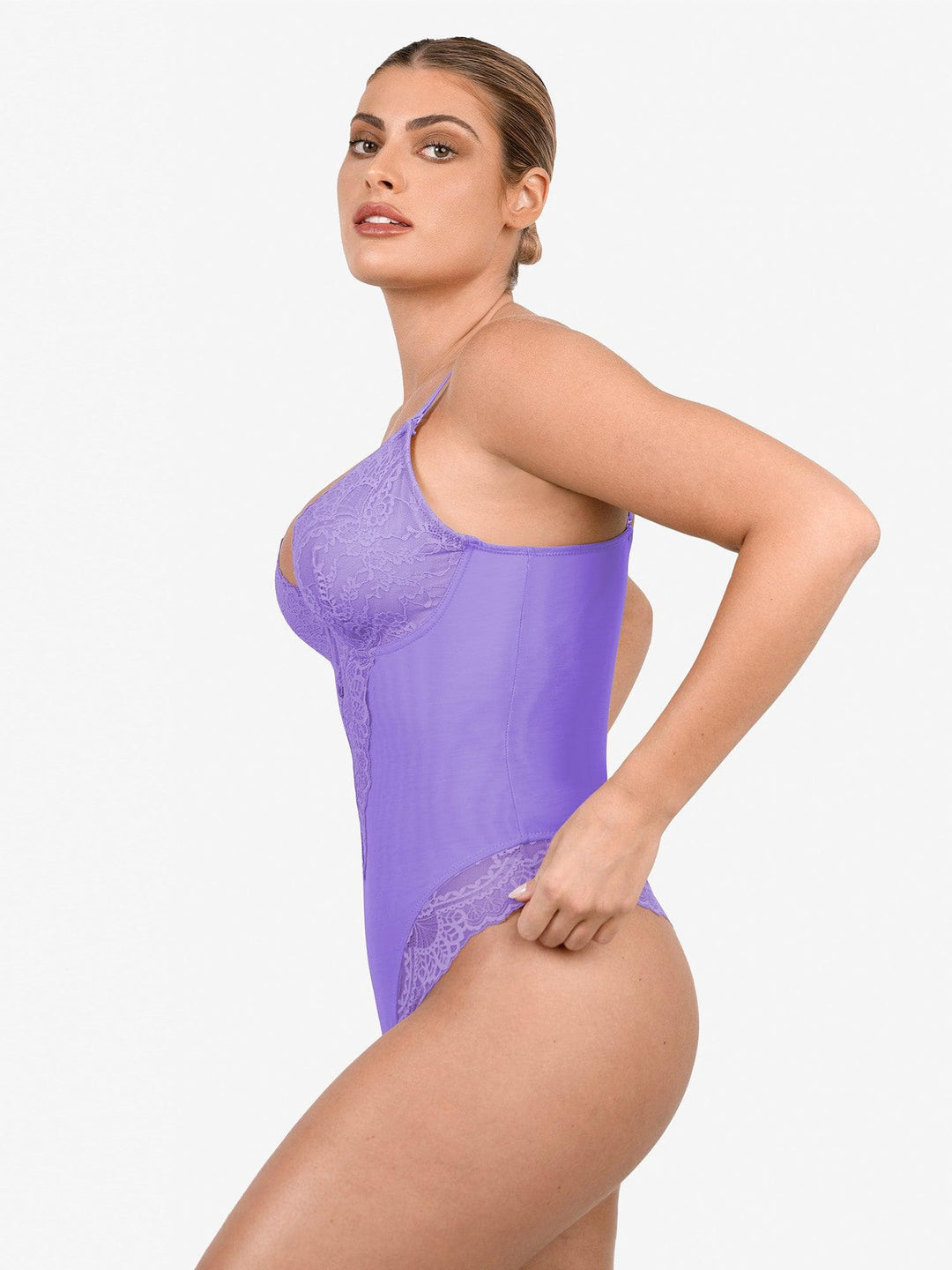 Schlankmachende Spitzen-Body mit tiefem V-Ausschnitt und formender Tanga